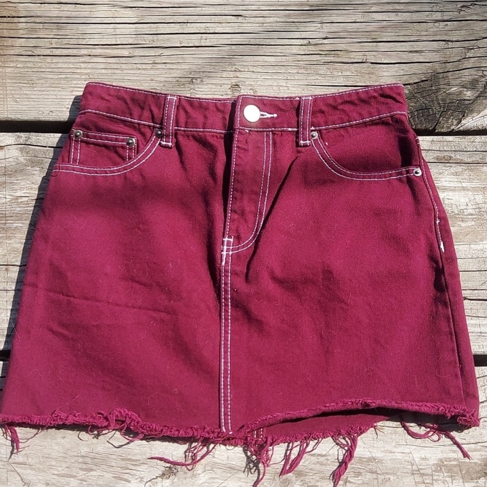 Forever 21 Burgundy Denim Mini Skirt with white piping contrast